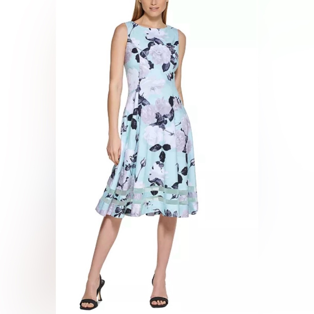 Calvin Klein Women’s Floral Print Illusion-Hem Midi Dress / Size 14 / Mint Green